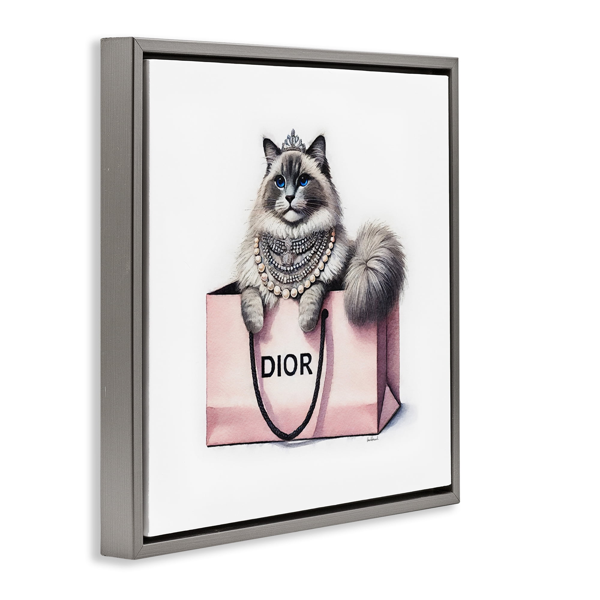 Stupell Industries Lovely Cat in Shopping Bag Animals Painting Gray Floater Framed Canvas Art Print Wall Art, 18 x 18