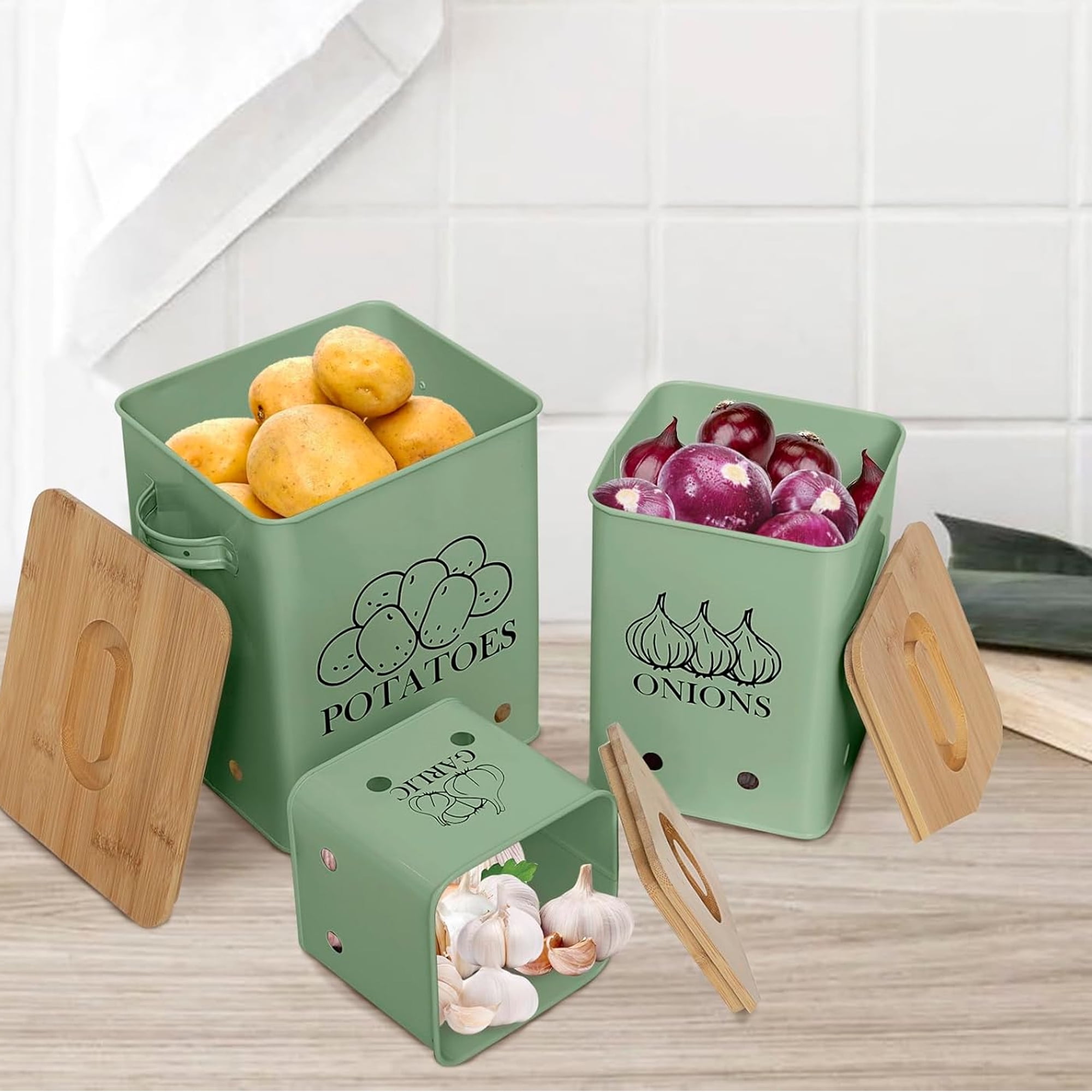 Pethiy Kitchen Canisters Set, Storage Bin for Potato Onion & Garlic, 3 Pack Set Countertop Pots Containers with Wooden Lid - Potato Storage, Garlic Bin, Onion Keeper Tin with Aerating Holes-Green