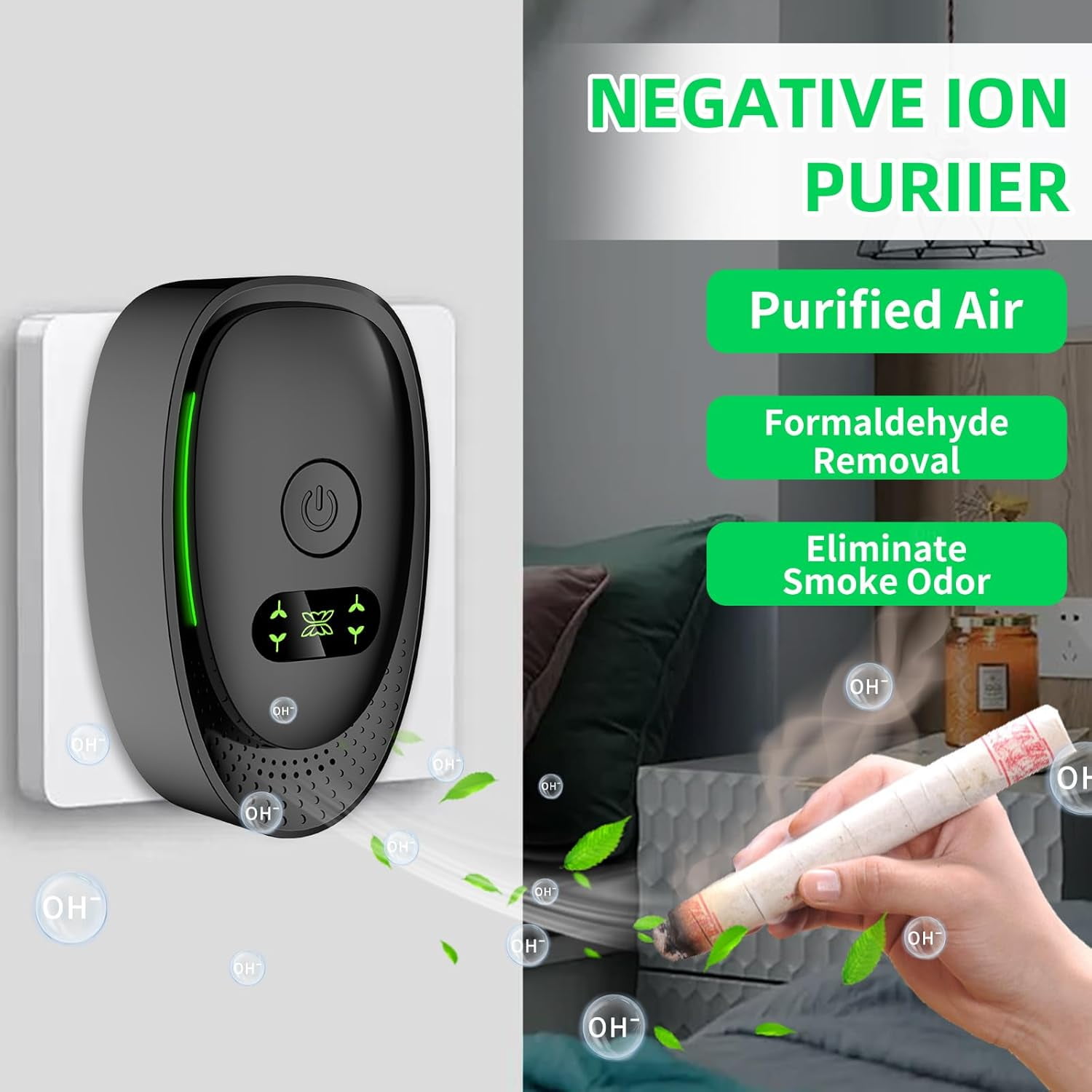 4 Pack Plug In Air Purifier, Negative Air Ionizer for Home, Air Freshener Odor Reducer Portable Air Purifiers for Odor, Dust, Smoke, Pets Smell-Black