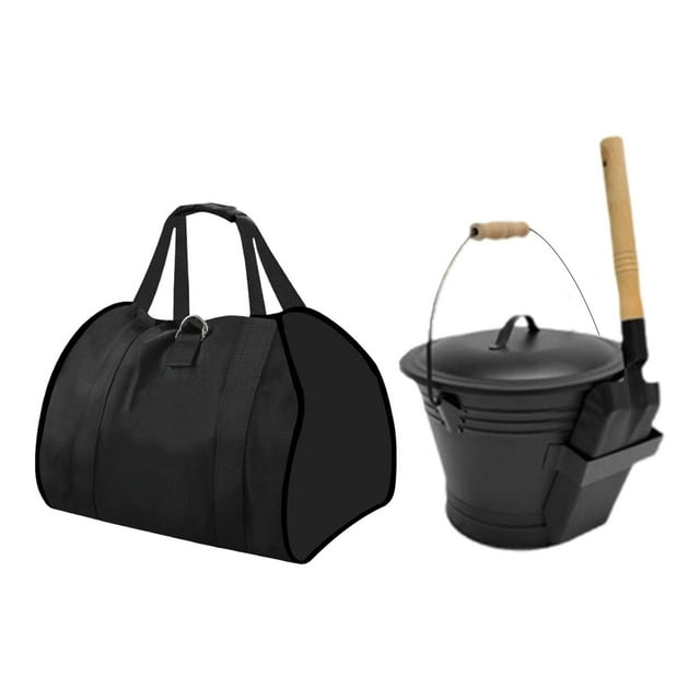 veasfak Ash Bucket with Shovel and Log Carrier Outside Winter Fireplace Tool Set Ash Can