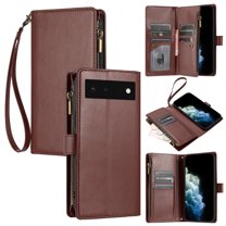SaniMore Wallet Case for Google Pixel 6, RFID Blocking PU Leather Zipper Handbag Purse Flip Cover, Kickstand Folio Case with Card Slot Wrist Strap Lanyard for Google Pixel 6, Brown