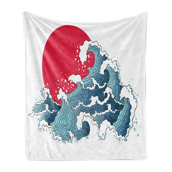 Japanese Soft Flannel Fleece Throw Blanket, Wave Illustration with Ocean and Sunme Oriental Print, Cozy Plush for Indoor and Outdoor Use, 70" x 90", Dark Coral White, by Ambesonne