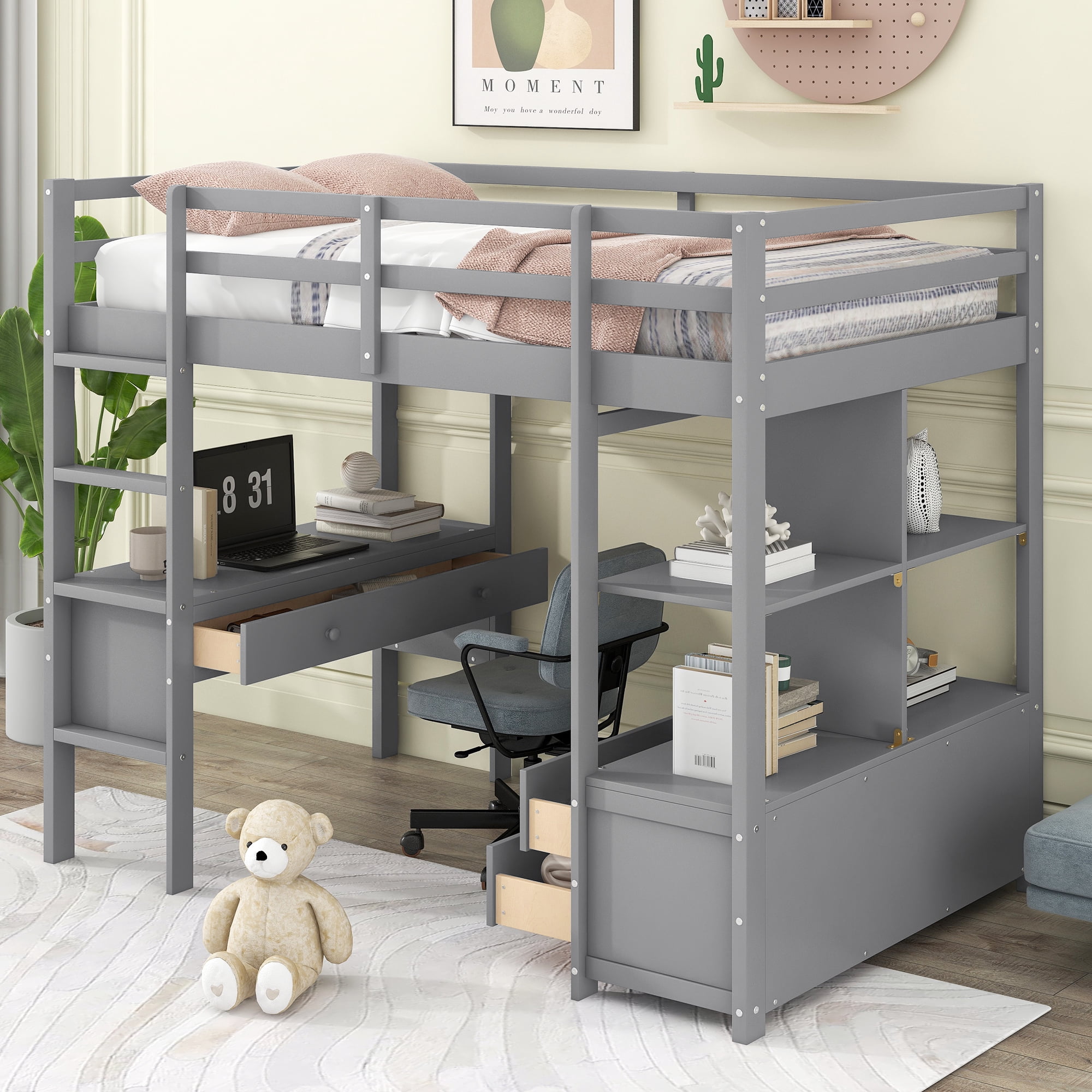 Twin Size Loft Bed with Desk and Storage in Gray