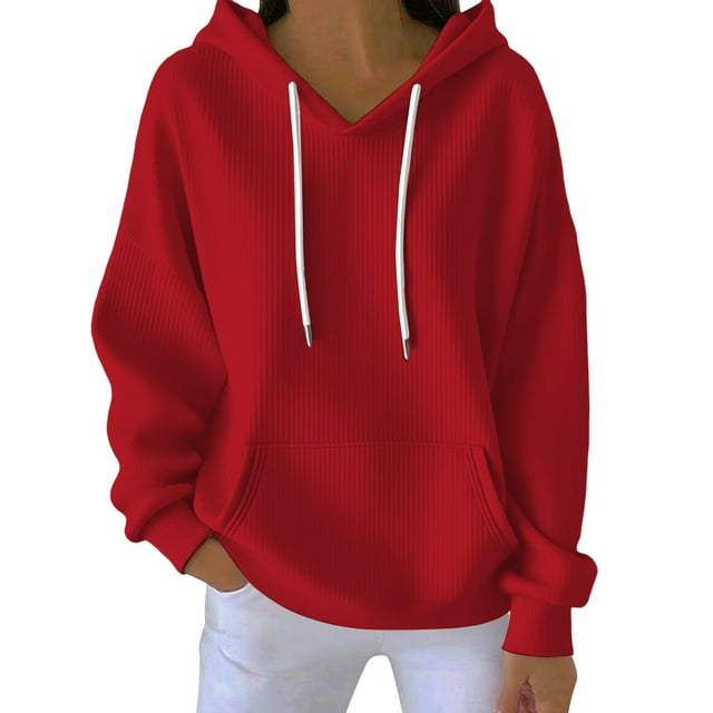 ManxiVoo Textured Ribbed Detail Hooded Sweatshirt for Women Relaxed Fit Long Sleeve Pullover Cozy Everyday Essential L Size Red