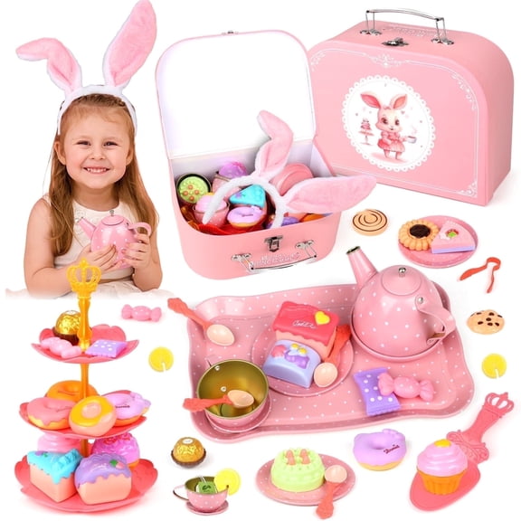 HopeRock Princess Toys for Girl Ages 3 4 5 6 Years, Cute Pink Rabbit, Kitchen Tea Set Toys for Little Girl, Pretend Play Toys for 3-6 Years Toddler Girls Birthday Christmas Gift.