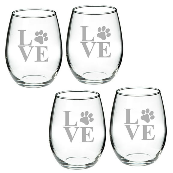 Paw Print LOVE Deep Etched Stemless Red Wine Glass Set of 2