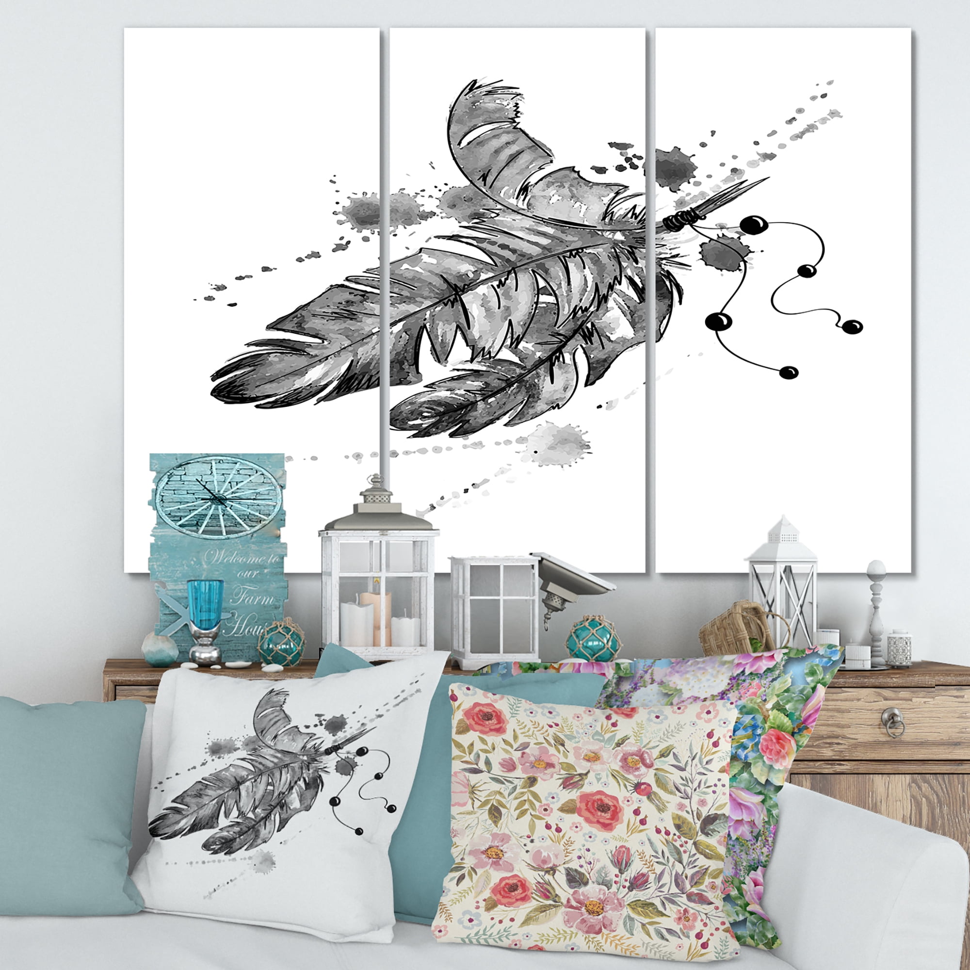 Designart ' Black and White Feathers Impression ' Traditional Canvas Wall Art Print