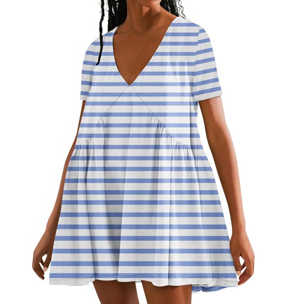 Puntoco Vestido De Manga Corta Con Cuello En V, Vestido De Manga Corta De Verano De Color Sólido Para Mujer Azul Claro Xl