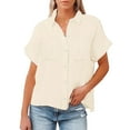 thumbnail image 4 of Beige Young Adult Tops Women's Spring Autumn Casual Double Pocket Short Sleeve Cotton Shirt Top Plus Size Tops for Women, 4 of 6
