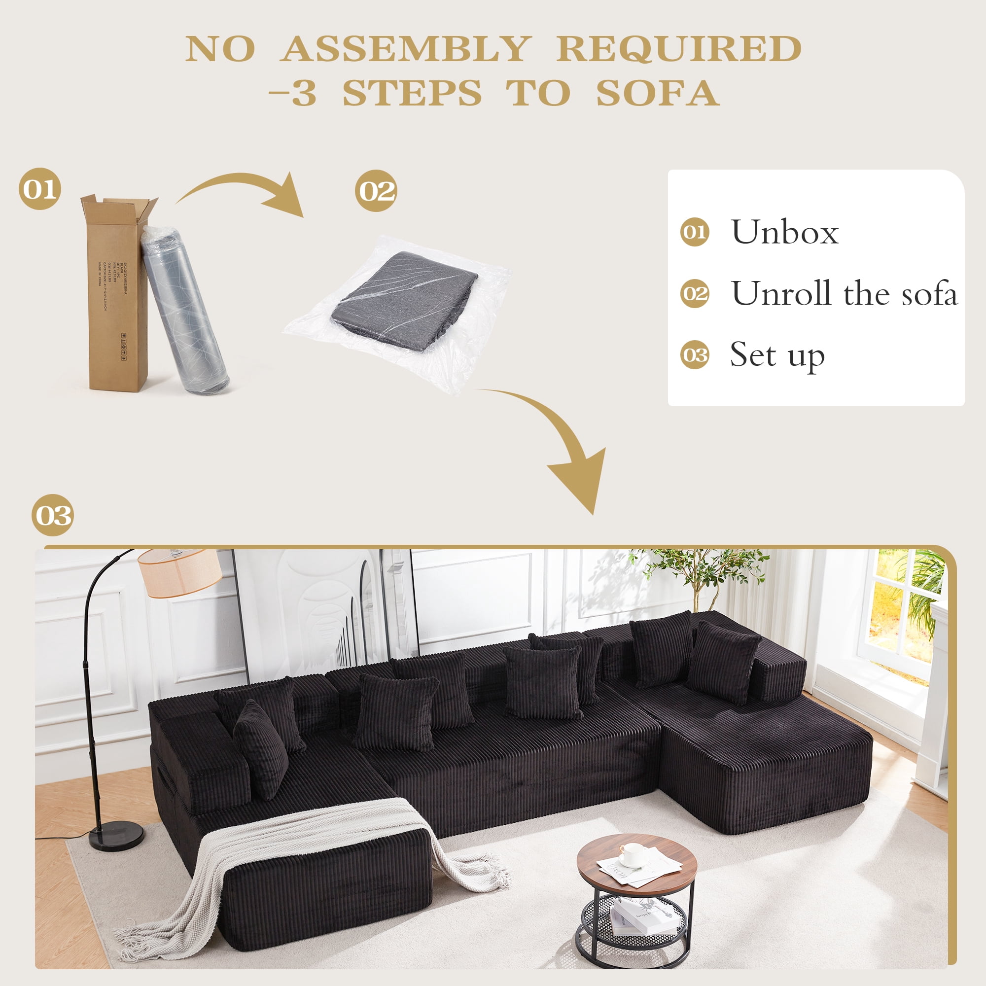 Vicluke 131" Boneless Memory Foam Sofa with Chaise Lounge, Comfy Corduroy Fabric Modular Sectional Couch, U-Shaped Sofa for Living Room & Apartment, No Assembly Required (Black)