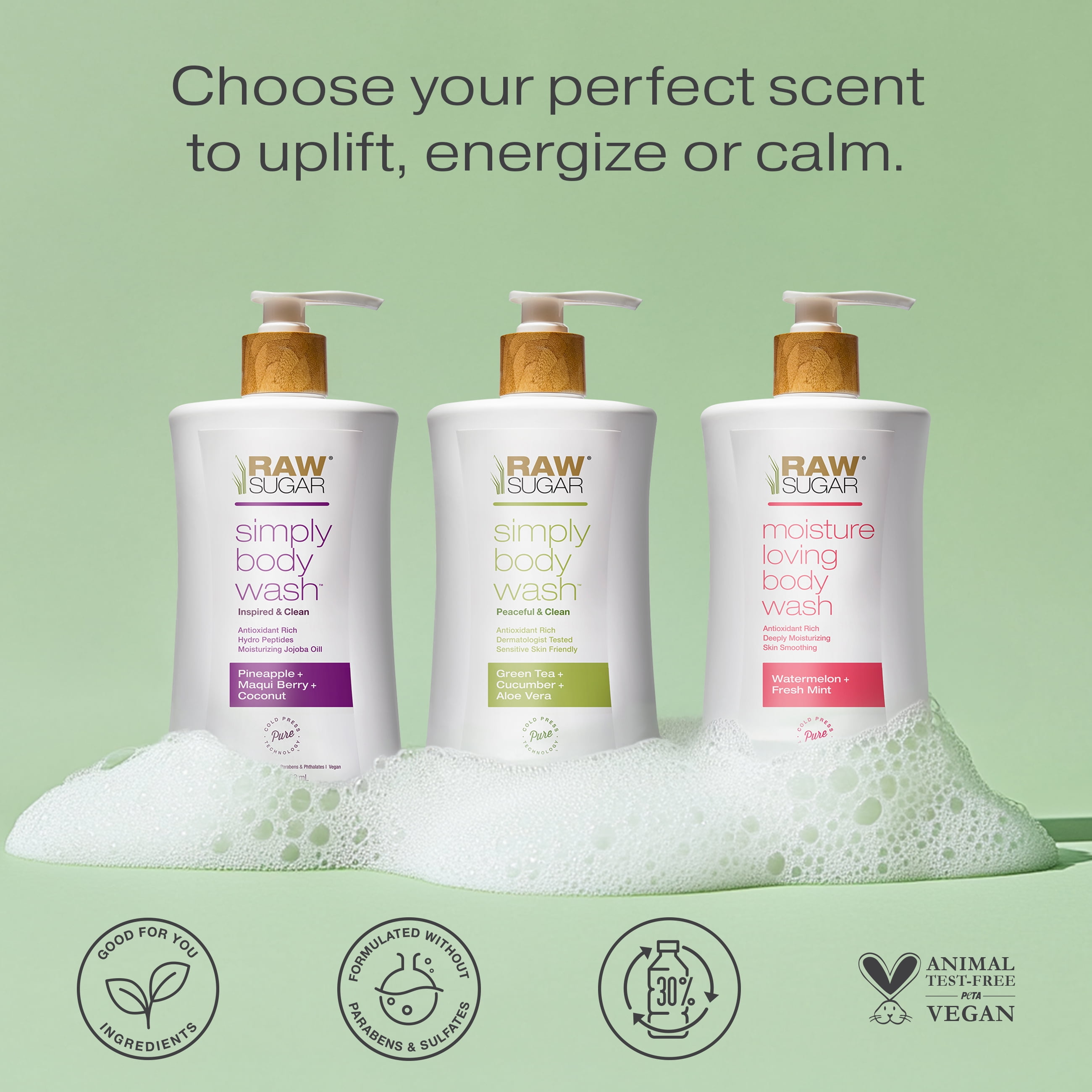 Raw Sugar Simply Body Wash for Sensitive Skin, Green Tea + Cucumber + Aloe Vera, 40 fl oz