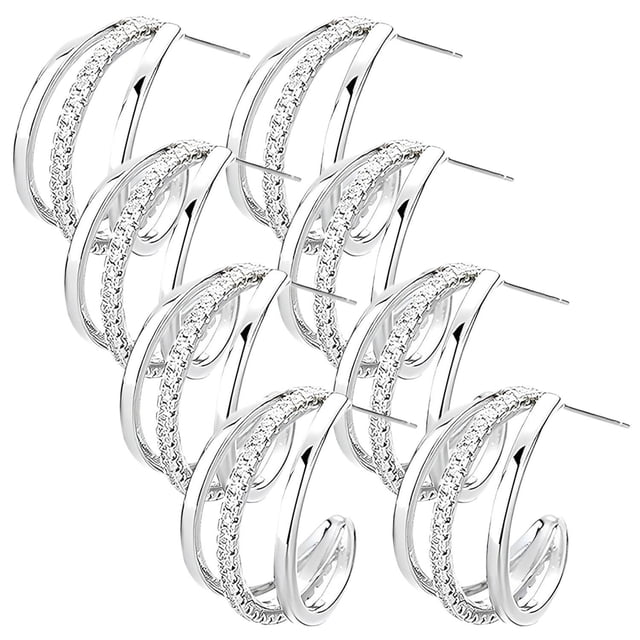 Pendientes de Aro en Forma C Ring01 4Pzas Arco Plata Metal/Circón.