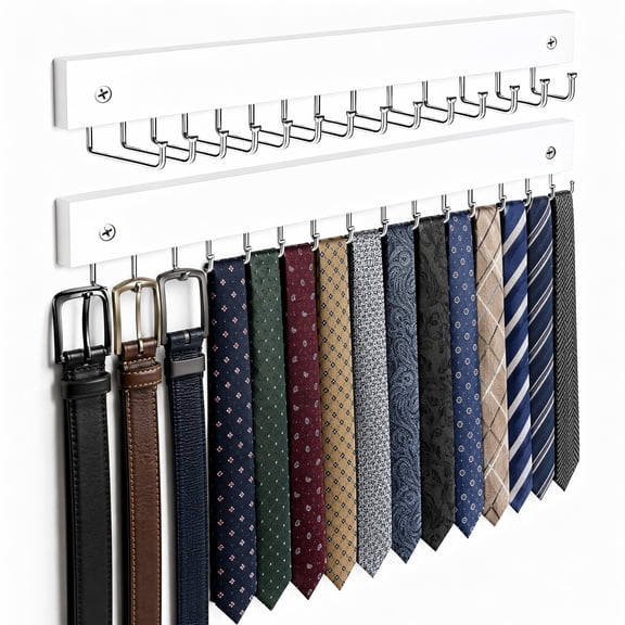 Wall Mounted Wooden Tie Rack and Belt Organizer 28 Folding Hooks White 2 Pack