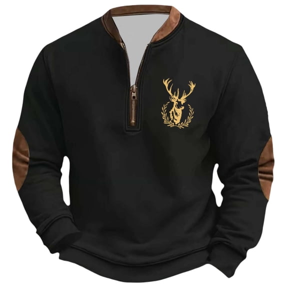 XIAONU Men's Quarter Zip Sweatshirt Contrast Trim Deer Embroidery Pullover Cozy Casual Outdoor Pullover Top