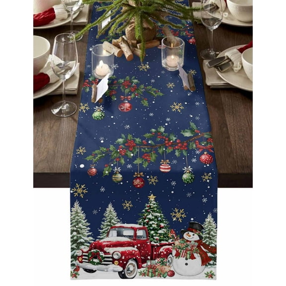 Blue Christmas Dresser Scarf Farmhouse, Dining Table Decorations for Wedding/Parties, Xmas Snowman Truck Snowflake Tree Balls Table Runner 90 Inches Long for Kitchen Dining, 13 x 90 In