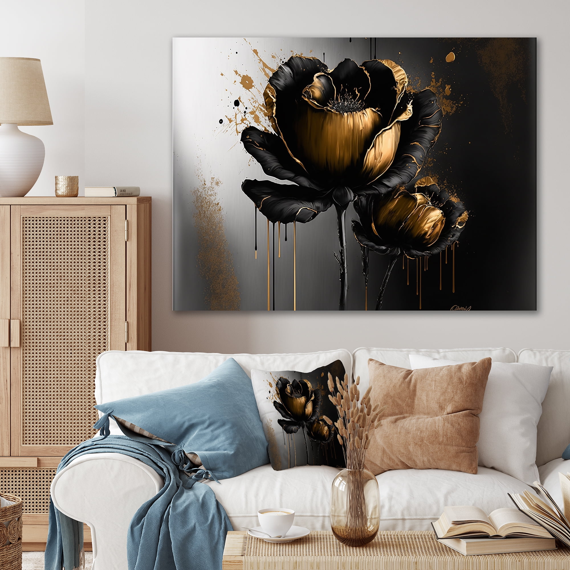 Designart Black And Gold Crocus Floral Design II Canvas Wall Art
