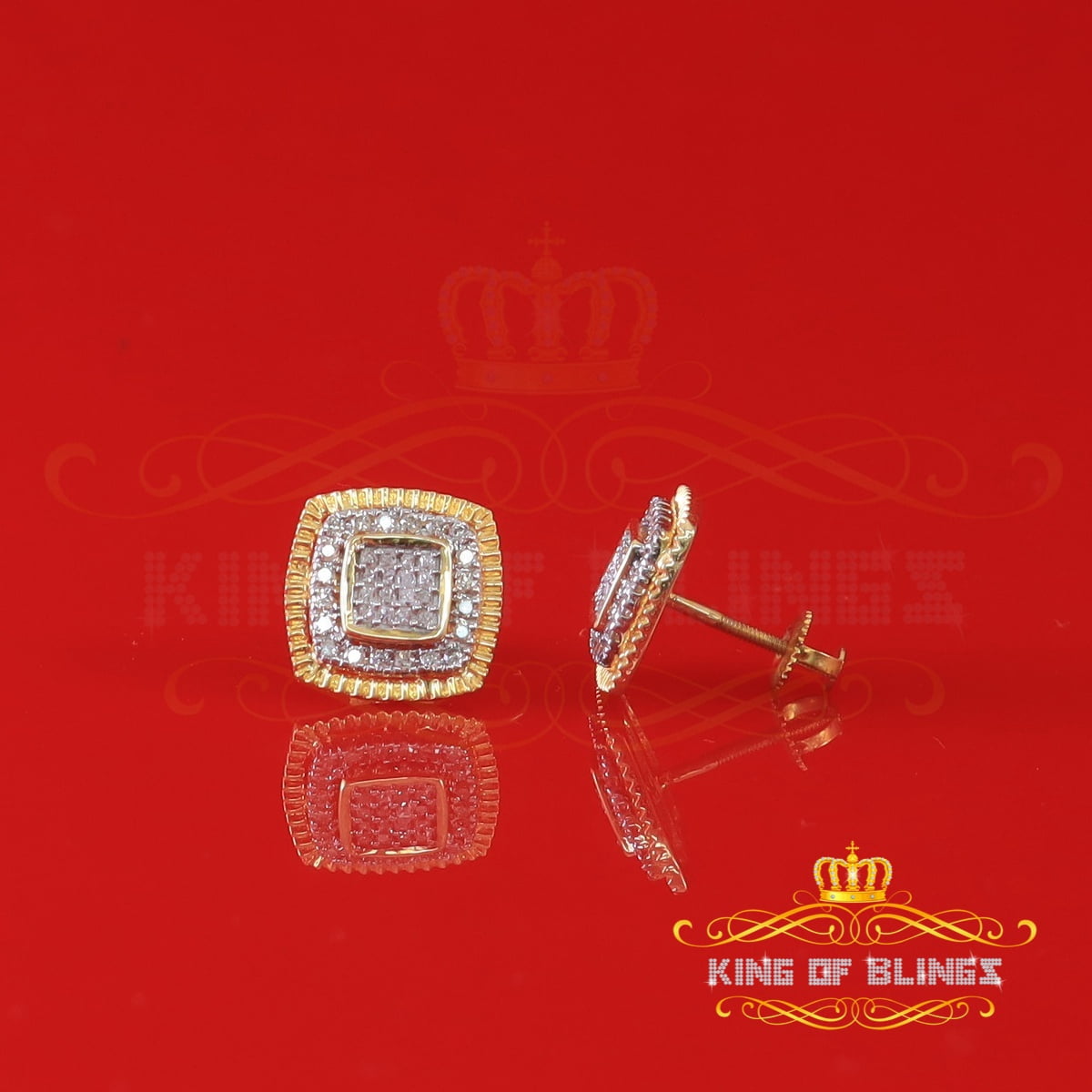 King of Bling's Real 10K Yellow Gold Real Diamond 0.50CT Mens / Womens Square Stud Earrings