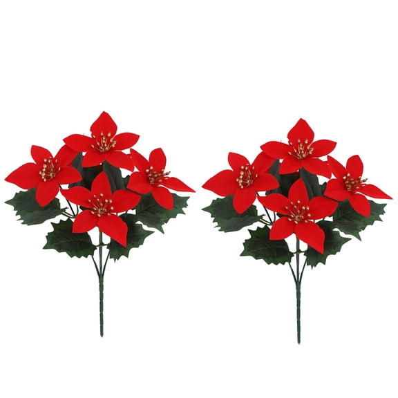 2Pack Christmas Artificial Poinsettia Flowers,Plastic Floral Bouquet,Small 4 Head Shrub,Fake Flowers Arrangement for Winter Indoor Outdoor Home Porch Party Holiday Decor