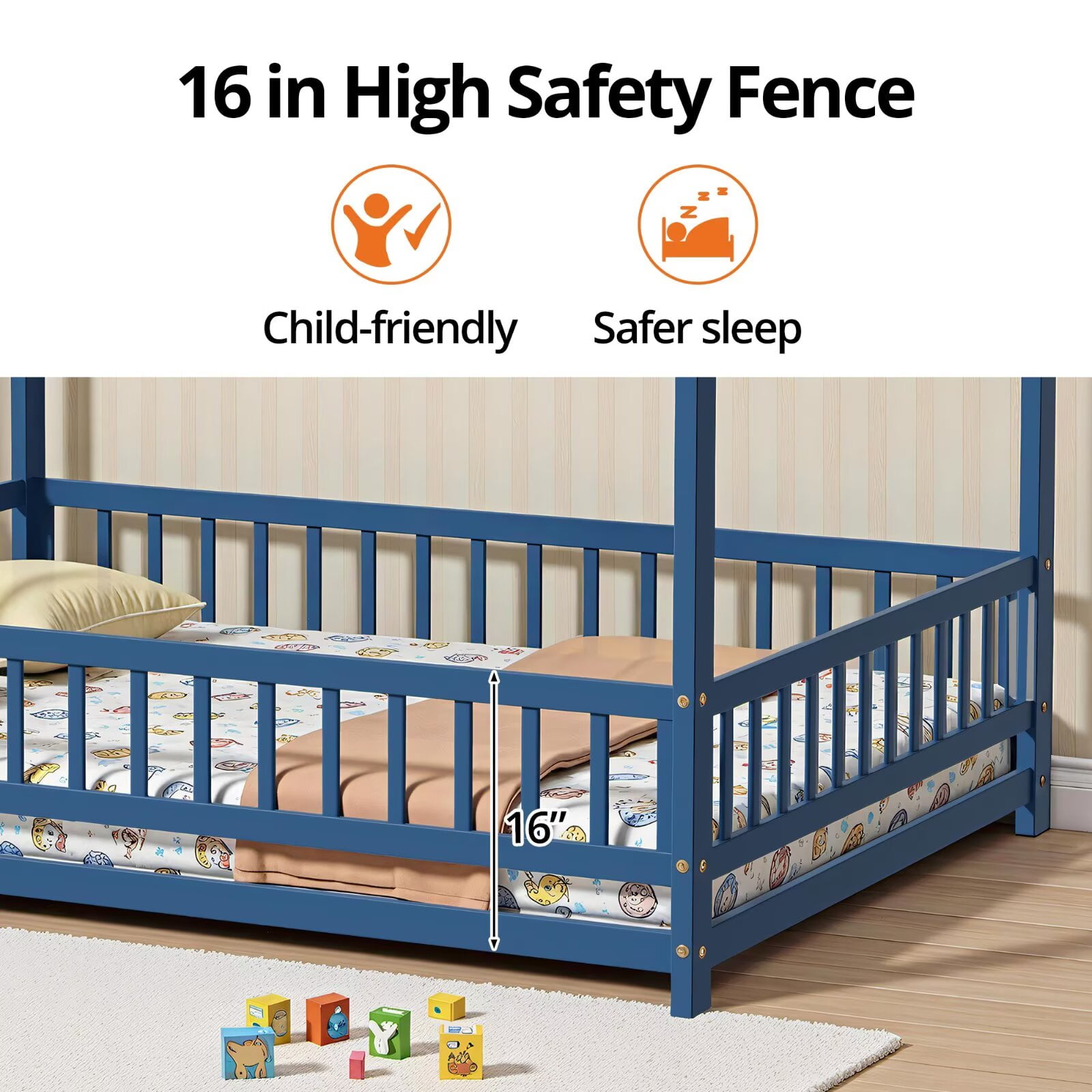Full Size Montessori Floor Bed Frame Fence, Wooden House Bed for Boys Girls Bedroom, Mist Blue (without Slats)