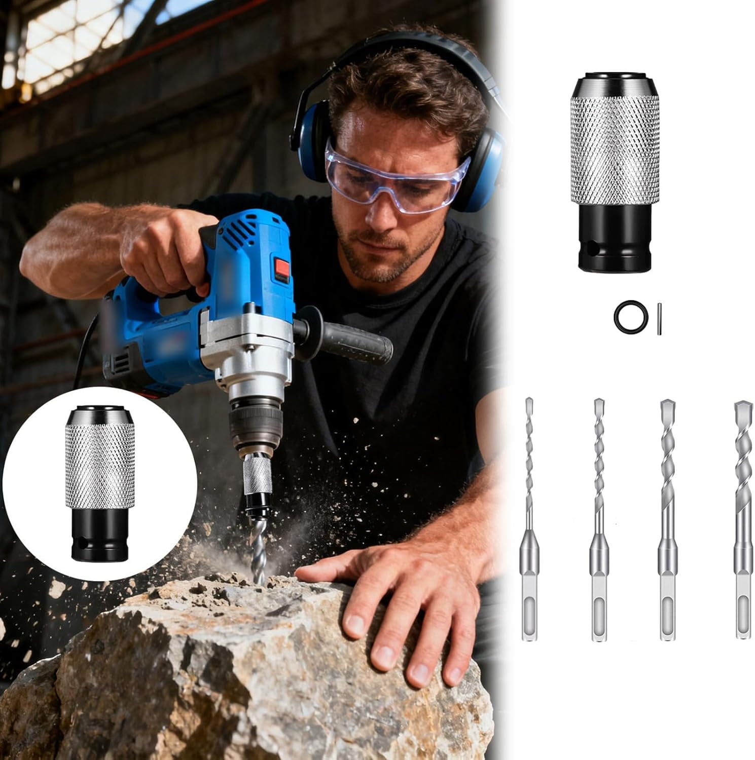 Rotary Hammer Adapter, Impact Drill Bits Set, Quick Release Adapters Converter, Multi-Functional Electric Hammer to Drill Converter with Adapter And Bits for Concrete, Brick, Stone (Grey)
