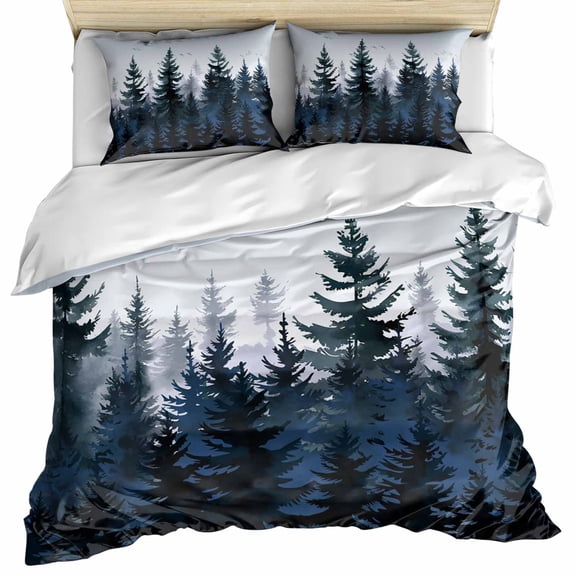 Forest Bedding 3 Piece Duvet Cover Set Queen Size, Dark Blue Fall Bird Vintage Farmhouse Tree Soft Microfiber Comforter Cover with Zipper Closure & Pillowcases, Wrinkle & FadeResistant Quilt Cover