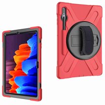 Dteck Shockproof Case for Samsung Galaxy Tab S7 FE Case (12.4 inch, 2021 Release) SM-T730/T736B, Kids Case 360 Rotating Stand Case Drop-Proof Protection with Hand Shoulder Strap - Red