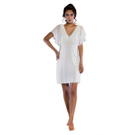 

Women s Sleepwear Lightweight Super Soft Bamboo Short Sleeve V Neck Chiffon Detail Nightgown - Made in Turkey (Large Ivory)