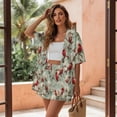 thumbnail image 3 of Xoenoiee Cardinal Flower Print Women's Hawaiian Beach Outfit 2 Piece Short Sleeve Swim Cover Up Shorts Set Summer Open Front Kimono Cardigan Vacation Beachwear, S, 3 of 7