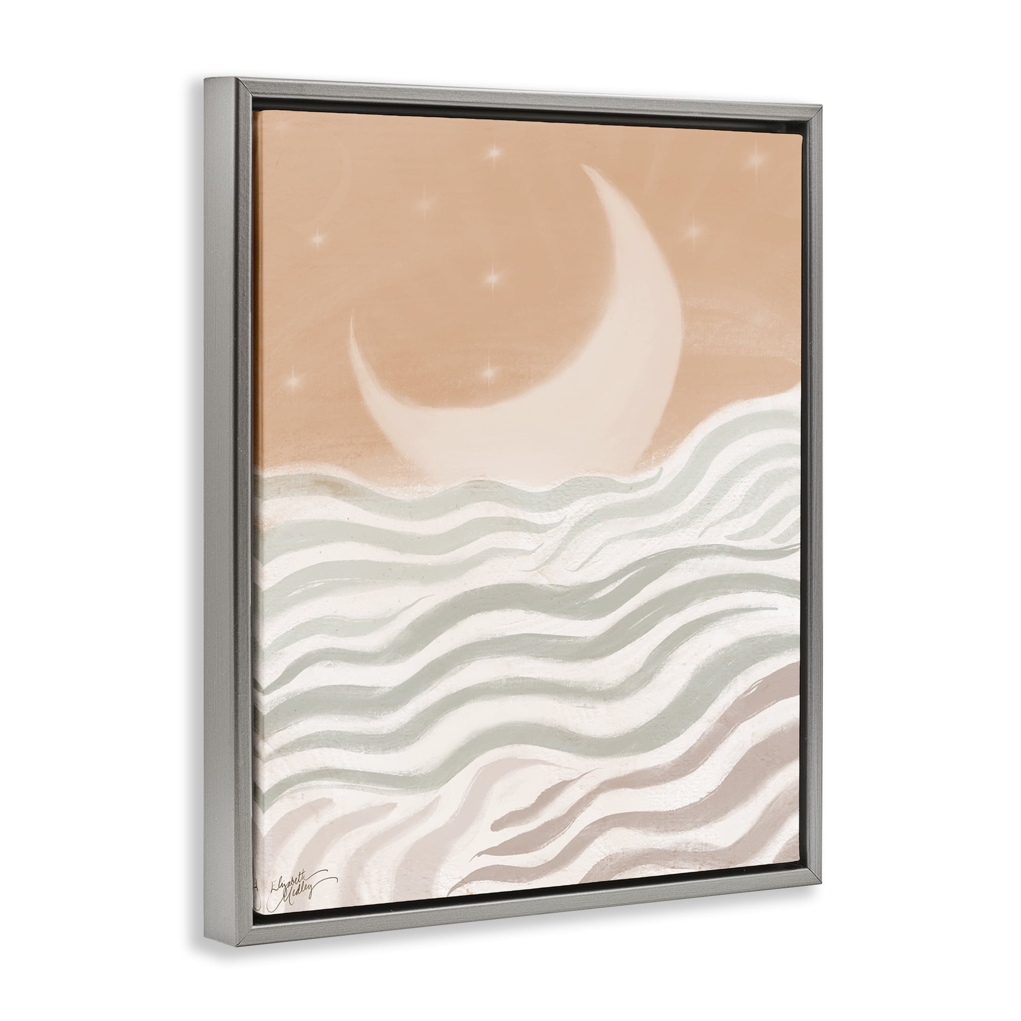Stupell Industries Crescent Moon over Sea Landscape & Nature Painting Gray Floater Framed Canvas Art Print Wall Art, 25 x 31