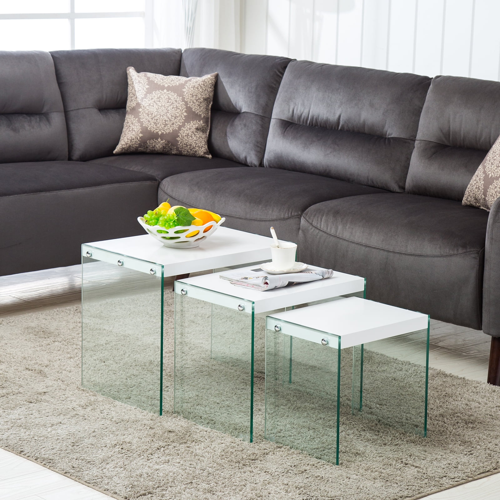 New Modern Nest of 3 White Coffee Table Side /End Table Living Room ...