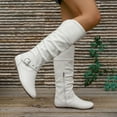 thumbnail image 3 of Wide Calf Boots for Women Flod Over Slouchy Leather Pull on Mid Calf Riding Booties Fashion Buckle Strap Pointed Toe Zipper Long Boots White 8, 3 of 6