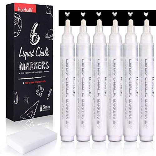 HUIHUIBI White Chalk Markers, 6 Pack Set, White Liquid Chalk Markers, White Dry Erase Marker Pen for Blackboard, Chalkboards, Windows, Glass, Bistro
