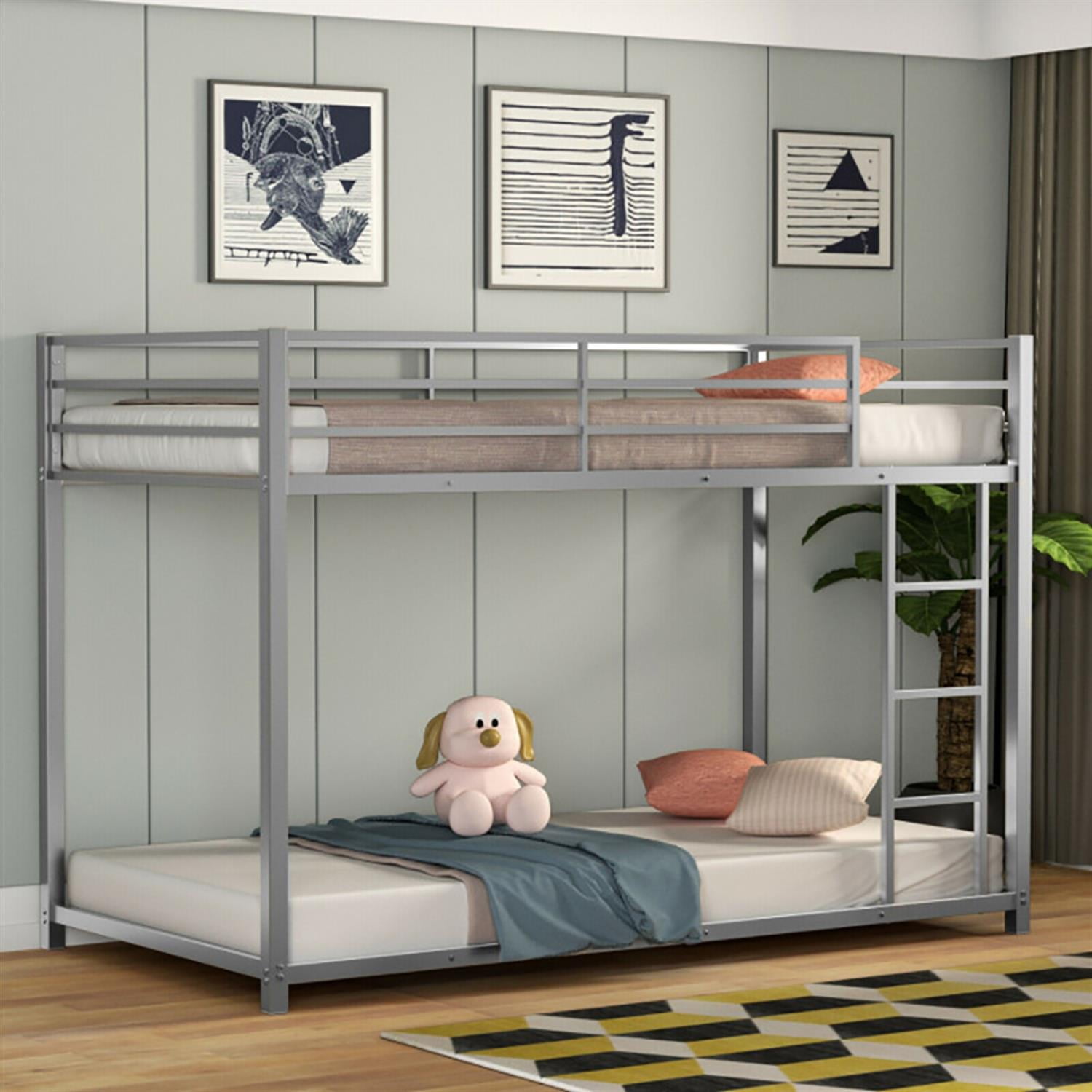 Demi Bonn Twin Over Twin Bunk Bed with Safety Guard Rails and Side Ladder, Twin Bunk Beds, Sturdy Metal Bed Frame No Box Spring Needed, Silver
