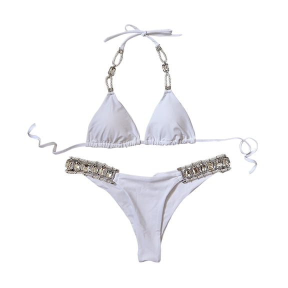 Wxqbjtam Women 2 Piece Swimwear Swimsuit Triangle Halter Bikini Sets Crystal Rhinestone Bathing Suit Beachwear Swimming Costumes White S