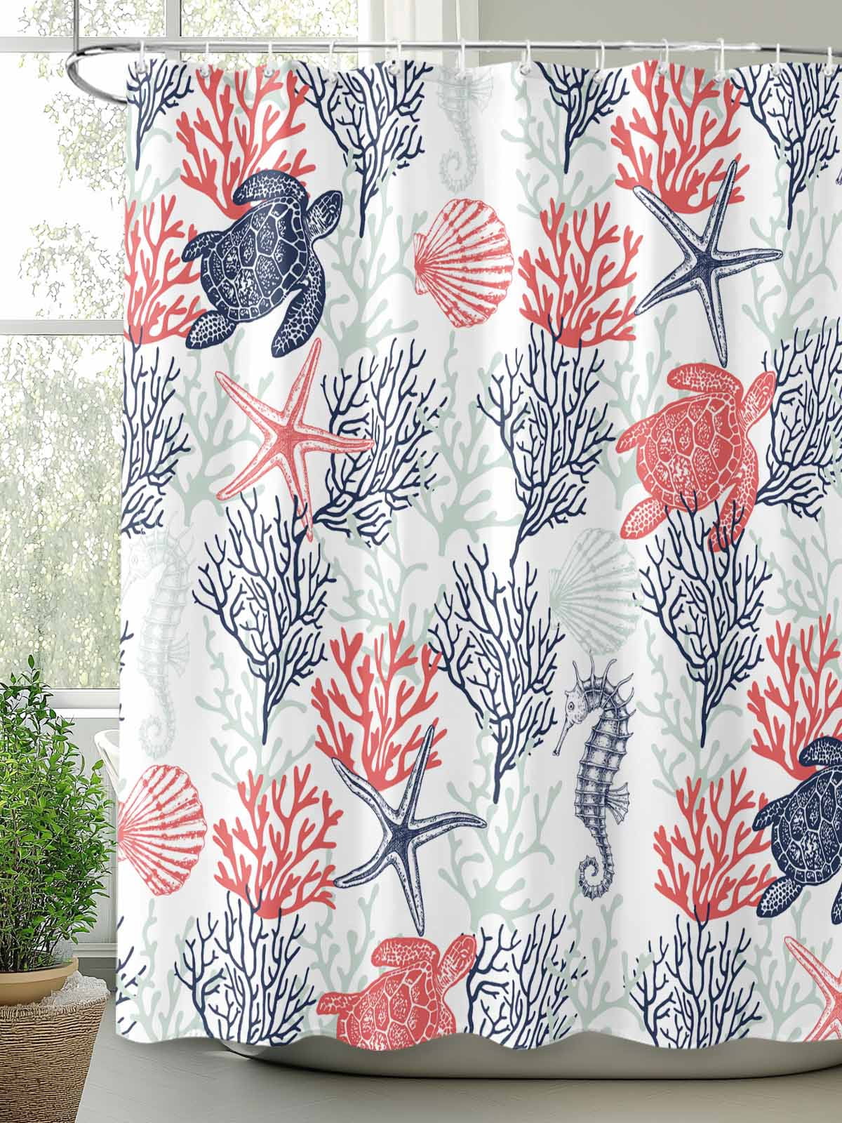 Boanket Polyester Fabric Blue Red Coastal Shower Curtain, Sea Turtle Nautical Coral Summer Beach Waterproof Bathtub Curtain Bathroom Decor Set with Hooks 60 x 72 Inches,