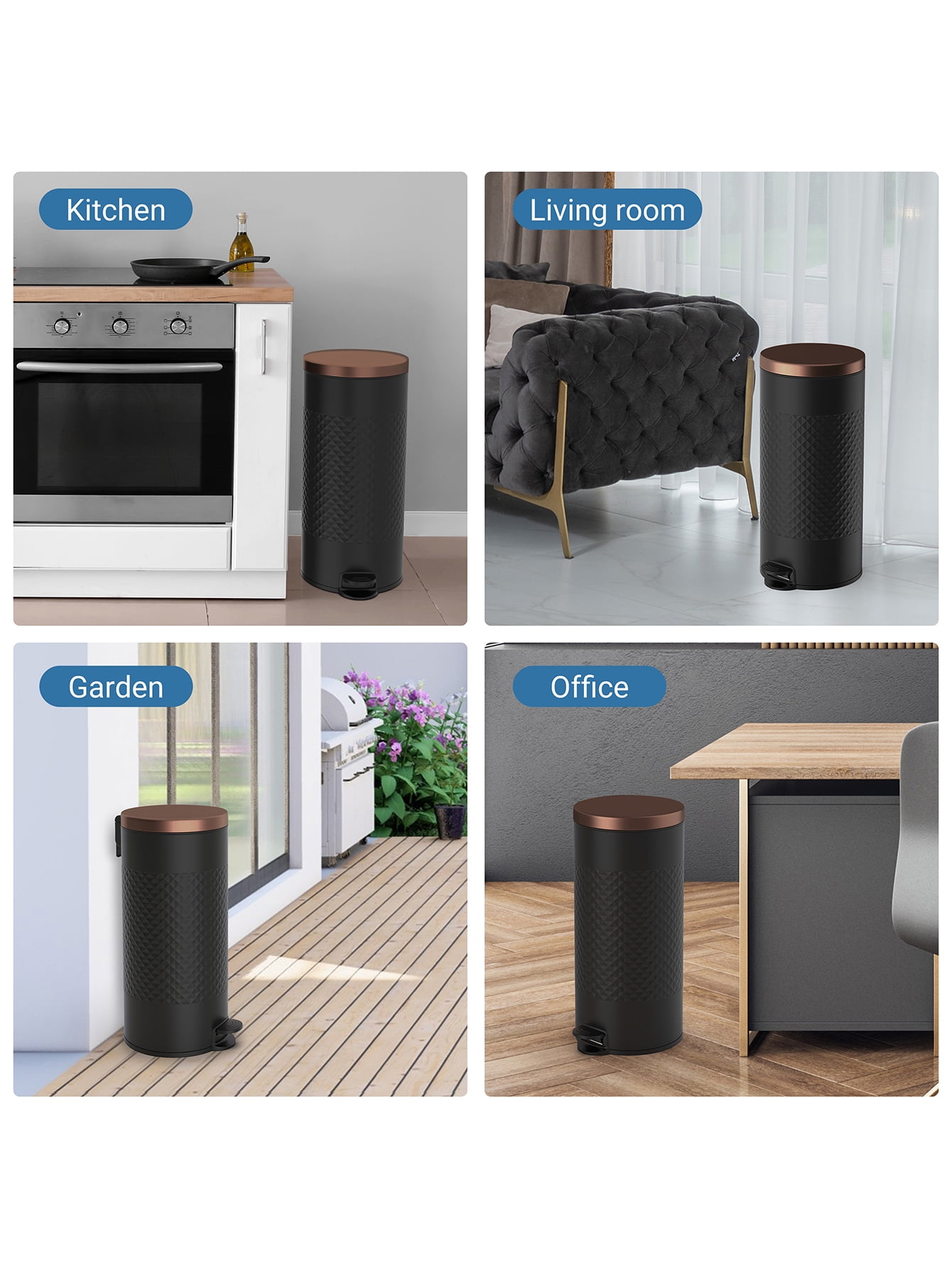 Innovaze 8 gal. Carbon Steel Step-on Trash Can, Matt Black Metal Round Garbage Can with Diamond Body for Kitchen