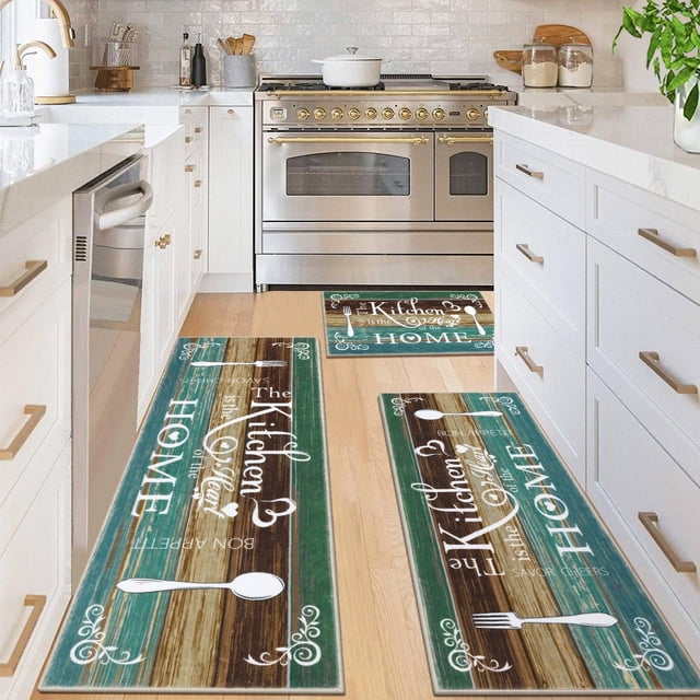 Juego de alfombras de cocina Vaukki Boho, 3 piezas, lavables, antideslizantes, color verde azulado