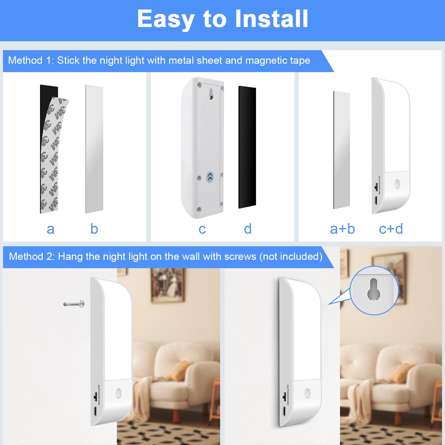 Under Cabinet Lighting Rechargeable Motion Sensor,AILKIN LED Closet Lights Magnetic Wireless Stick-on Safe Night Light,Cold White Lights 6000K Under Cabinet for Cabinet,Closet,Bedroom,Kitchen,2 Pack