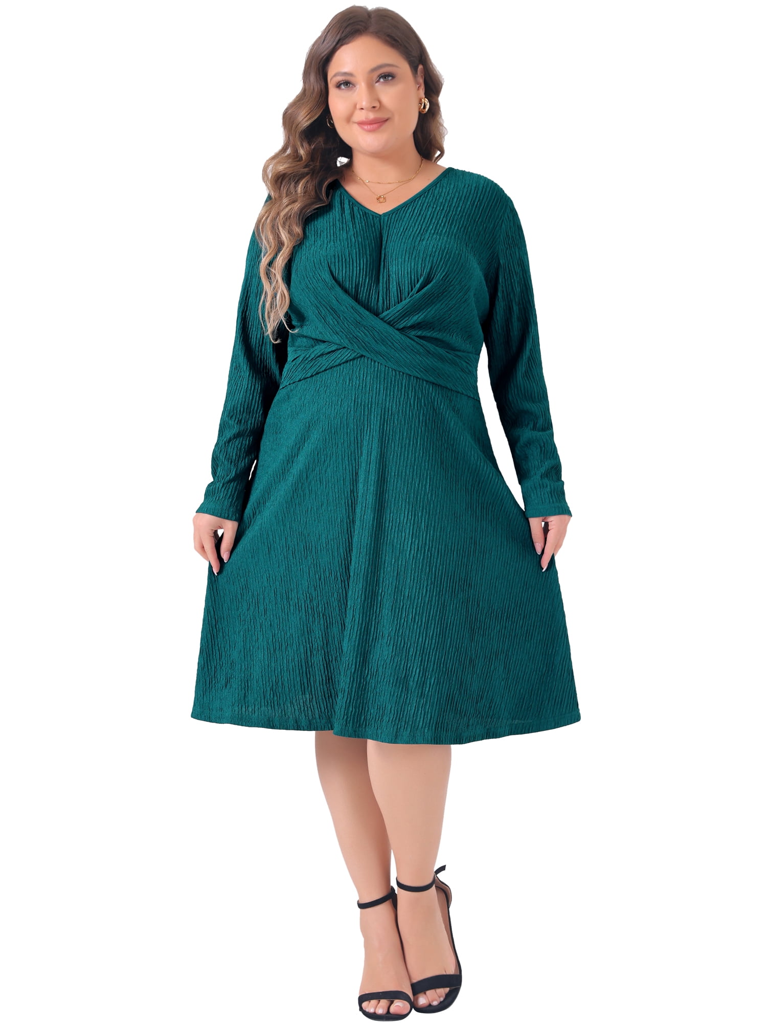 DARING DIVA Plus Size Long Sleeve V Neck Criss Cross Midi Sweater Dress 2X Green