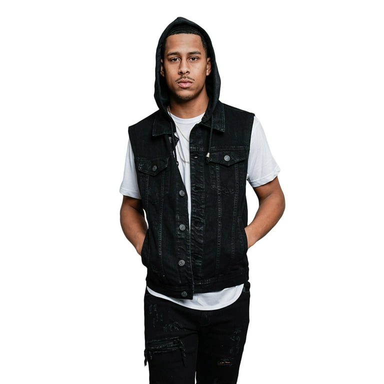 G-Style USA Men's Detachable Hood Denim Jean Vest DK108 - JET BLACK - Medium
