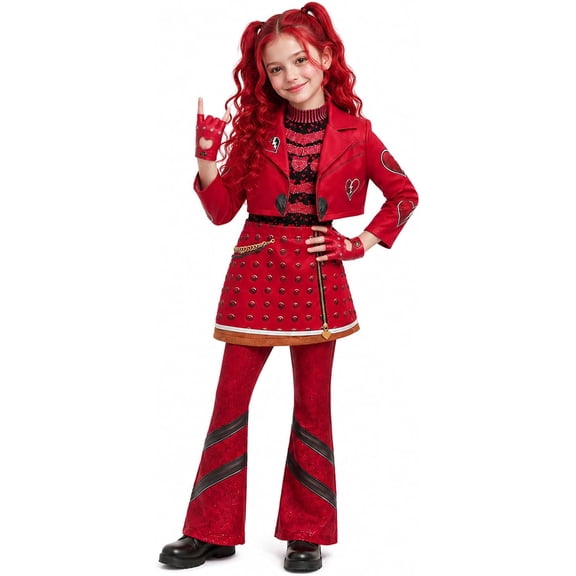 Guvpev G'irl's Red Princess Costume, Halloween Cosplay Outfits, 5-Piece Dress Up Set with Heart Print Jacket, Top, Skirt, Flared Pants & Gloves, Halloween Role Play & Birthday Party, Ages 3-12Y