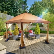 Outdoor Living Suntime 12 x 12ft Outdoor Pop Up Gazebo Canopy with Solar LED Light for Parties, Brown