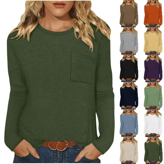 Scyoekwg Womens Tops Long Sleeve Casual Tunic Top Fall Fashion For Women Crew Neck Business Casual Top With Pockets Basics Tee Winter Clothes (Black,L)