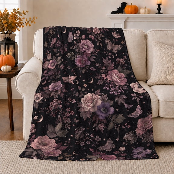 Dusty Rose Floral Crescent Moon Design Mystical Garden, Festive Botanical Garden Scene, Warm Flannel Blanket for Sunroom and Reading Nook, Garden Lovers Valentine's Day Gift, Botanical Home Decor