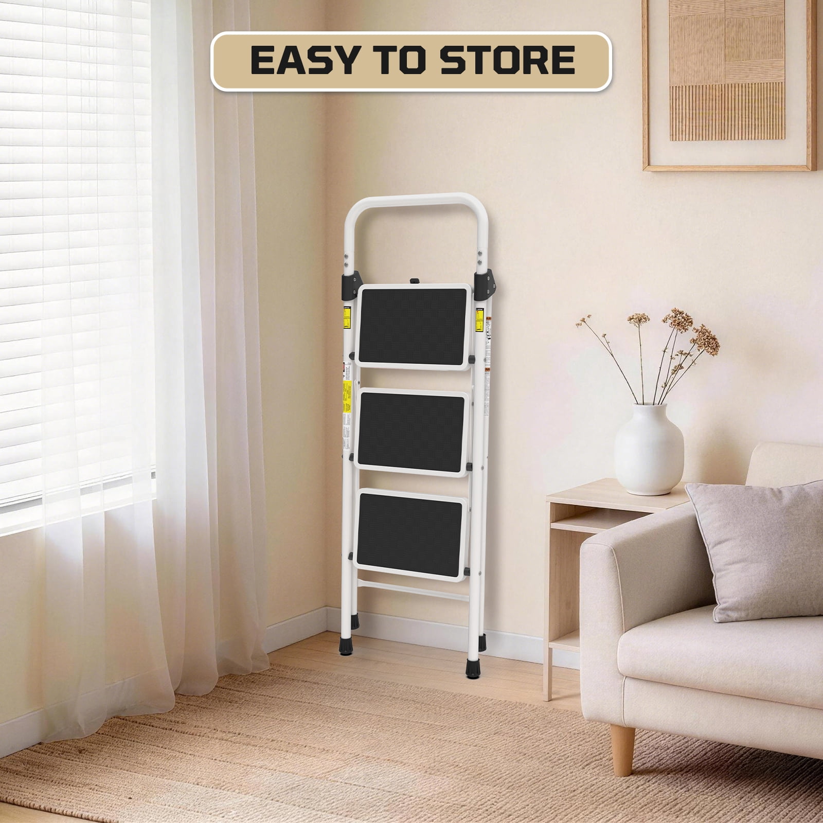 LevLad 3 Step Ladder, Folding Step Stool with Anti-Slip Pedal, Sturdy Steel Ladder, Convenient Handrail, Lightweight, Portable, White