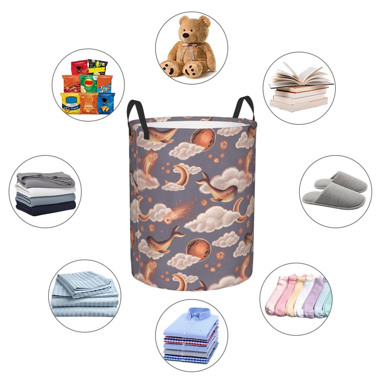 Large Laundry Basket with Handles - Star moon clouds Whales texture Kids Baby Dirty Clothes Laundry Hamper for Bedroom Aesthetic