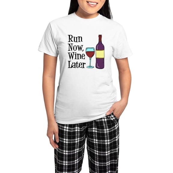CafePress - Run Now Wine Later Pajamas - Women's Short Sleeve Print T-Shirt and Pants Light Cotton Pajama Set