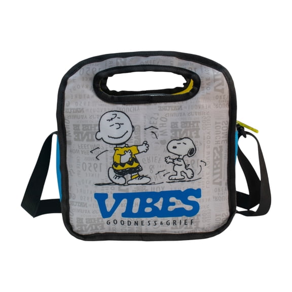 Lonchera Portátil para Almuerzo, Diseño Snoopy & Charlie Brown, 75 Aniversario, Bolsa Térmica Reutilizable con Asa y Correa Expandible, Color Gris con Azul