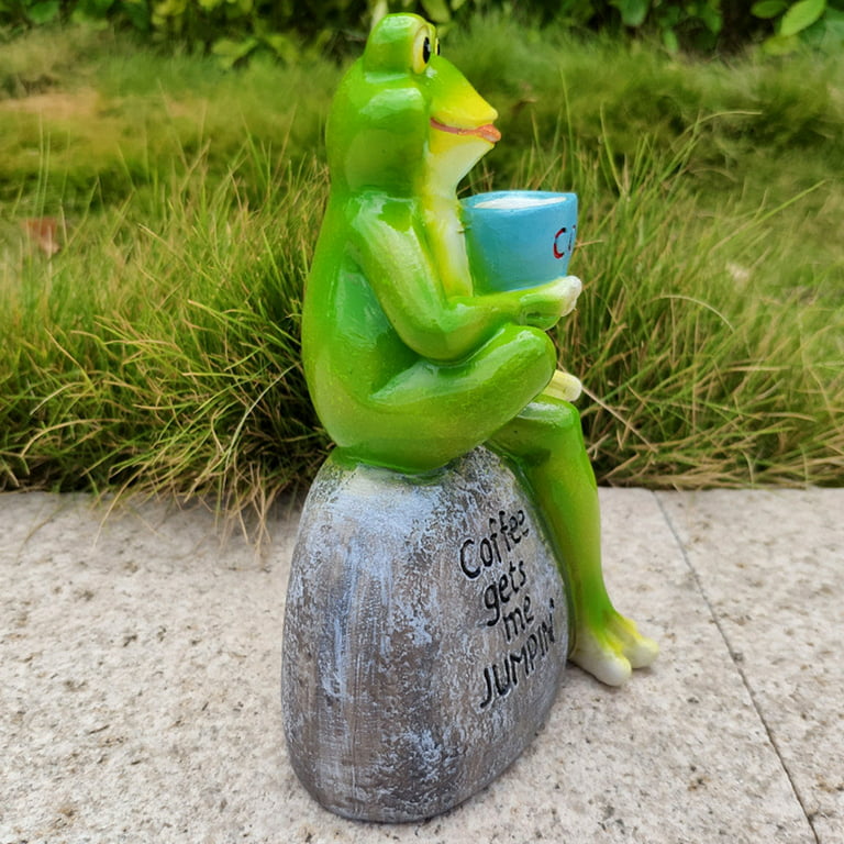 HES Animal Design Statuary Green Sitting Frog Drinking Coffee