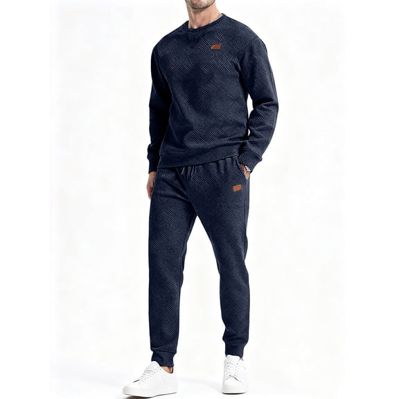 Gytharion Mens Sweatsuit Sets 2 Piece Sportswear Outfits Solid Casual Jacquard Crew Neck Pullover Top and Jogging Sweatpants Sets Loose Comfy Long Sleeve Tracksuits with Pockets